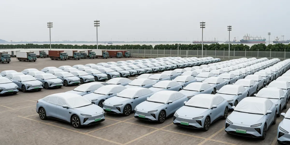 Rows of brand-new Chinese electric cars in a seaport export storage yard