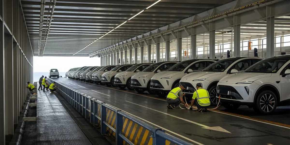 Electric cars loading up the internal ramp of an ocean-going car carrier