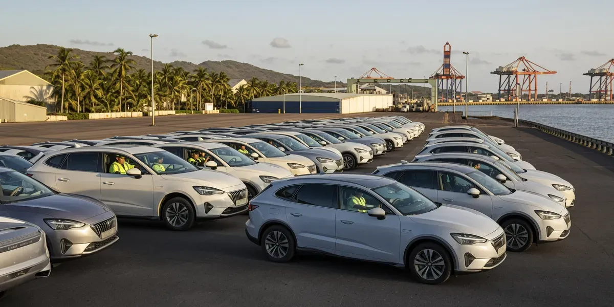 Newly imported cars being driven off a car carrier at the vehicle terminal of the port of Santos